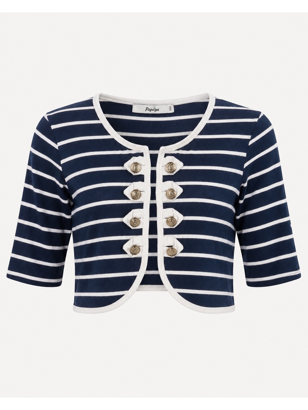 Nautical Navy & White Striped Cropped Jacket Gold Buttons